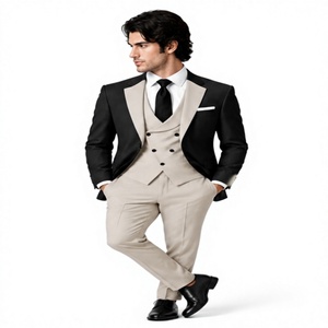 Traje formal de 3 piezas para hombre, color negro y marfil, con solapa en contraste, blazer, chaleco de doble botonadura, pantalones, traje de novio para boda - Product Image 2