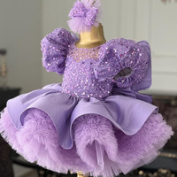 Robe de princesse papillon pour petite fille, robe de demoiselle d'honneur à manches bouffantes et paillettes violettes, robe de soirée de mariage