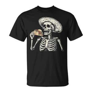 Camiseta Mexicana para Amantes de los Tacos con Diseño de Esqueleto, Negra, Unisex para Adultos - Product Image 1