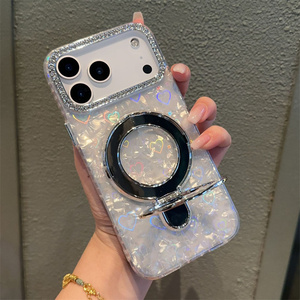Funda Magnética con Soporte para iPhone 17 16 15 14 Pro Max, Diseño Degradado IMD, con Brillantina, Conchas y Diamantes - Product Image 4
