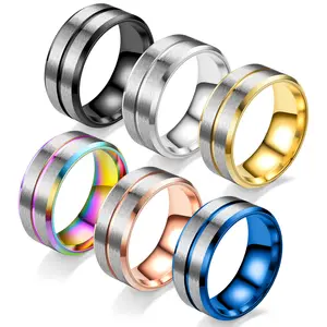 Anillo De Acero obral besar 8MM cincin berwarna baja tahan karat dua warna alur cincin tepi miring bergalur untuk pria