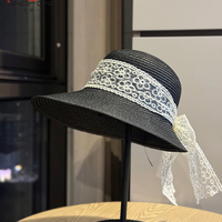 Chapeau de soleil d'été pliable Landfond tendance pour femme, en paille, avec ruban en dentelle blanche, idéal pour la pêche et les activités décontractées en extérieur