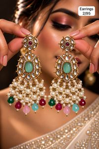 Boucles d'oreilles pendantes Kundan en imitation perle, plaquées or, motif floral, bijoux tendance pour femme, pour fêtes et mariages - Product Image 5