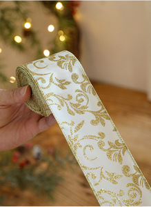 Factory Christmas Custom <b>Silver</b> Gold Hot Stamping Christmas <b>Wire</b> Edged Ribbon Sheer Organza Printed Ribbon for Gift Package - Product Image 4
