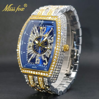 Montre à quartz pour homme Miss Fox, entièrement sertie de diamants, plaquée or, cadran noir en forme de baril, étanche, avec fonction luminescente dans le noir
