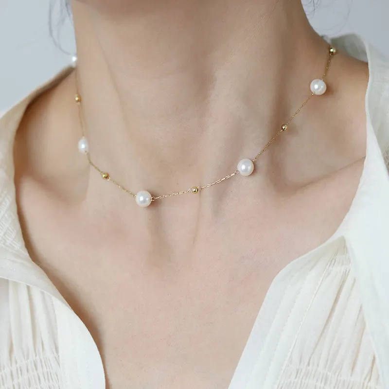 Handmade 18k Gold Plated Stainless Steel Pearl Choker Necklace Jewelry Women Dainty Layered Chain Necklace Bridesmaid Gift