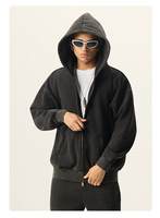Sweat à capuche polaire pour homme à double fermeture éclair, coupe ample, motif uni, effet délavé, style transfrontalier Europe-Amérique, technique Puff