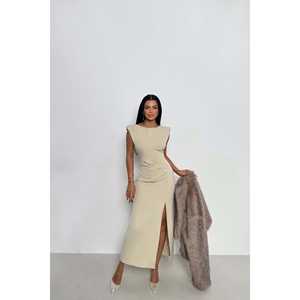 Vestido Midi Básico Beige para la Noche - Product Image 5