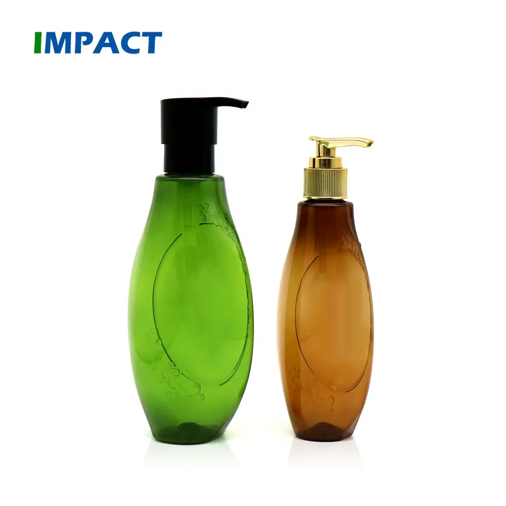 Benzersiz çevre dostu Amber yeşil şeffaf Oval plastik PET PCR boş şampuan şişesi 400ml