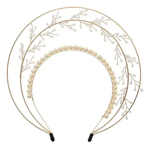 Leaf Halo Crown Headband Gold Flower Bride Pearl Layered Headpiece Tiaras Nupcial Wedding Prom Accesorios para el cabello para mujeres