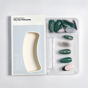 Faux ongles à presser en ABS, forme amande, vert pailleté, motif étoile dorée, style français, application facile, 24 pièces - Product Image 5