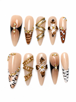 Lot de 10 faux ongles longs en forme de stiletto, faits à la main, motif léopard et zèbre de luxe, en gel, réutilisables, avec fleurs 3D et chaîne