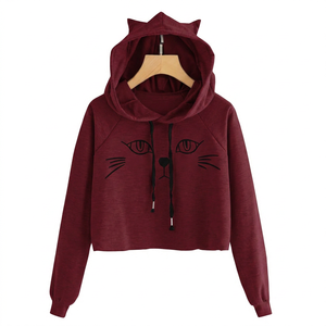 เสื้อฮู้ดครอปท็อปผู้หญิงคุณภาพสูง สีแดงเลือดหมู รุ่น KFHW06 ผ้าฝ้าย 100% สำหรับออกกำลังกาย มีหูตกแต่ง เหมาะสำหรับฤดูหนาว - Product Image 3
