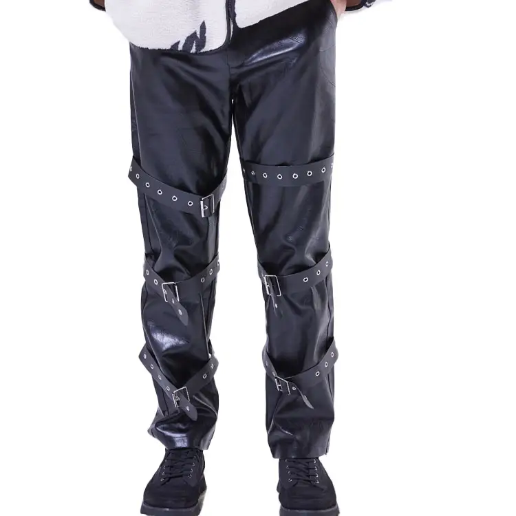 Designer Fashion Streets Men's Loose Fit Bind PU Leather Pants Black Slim Trousers