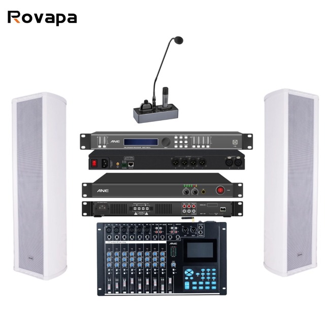 Commercial Audio Solution for Church/School/Hotel | 8-Channel Mixer, Power Amplifier, Column Speakers & Wired Microphone Set