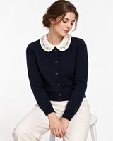 Maßgeschneiderte Damen-Strickjacke mit Peter-Pan-Kragen, Strass- und Perlenverzierung, Knopfleiste vorne, Marineblau, Langarm, ODM-Service