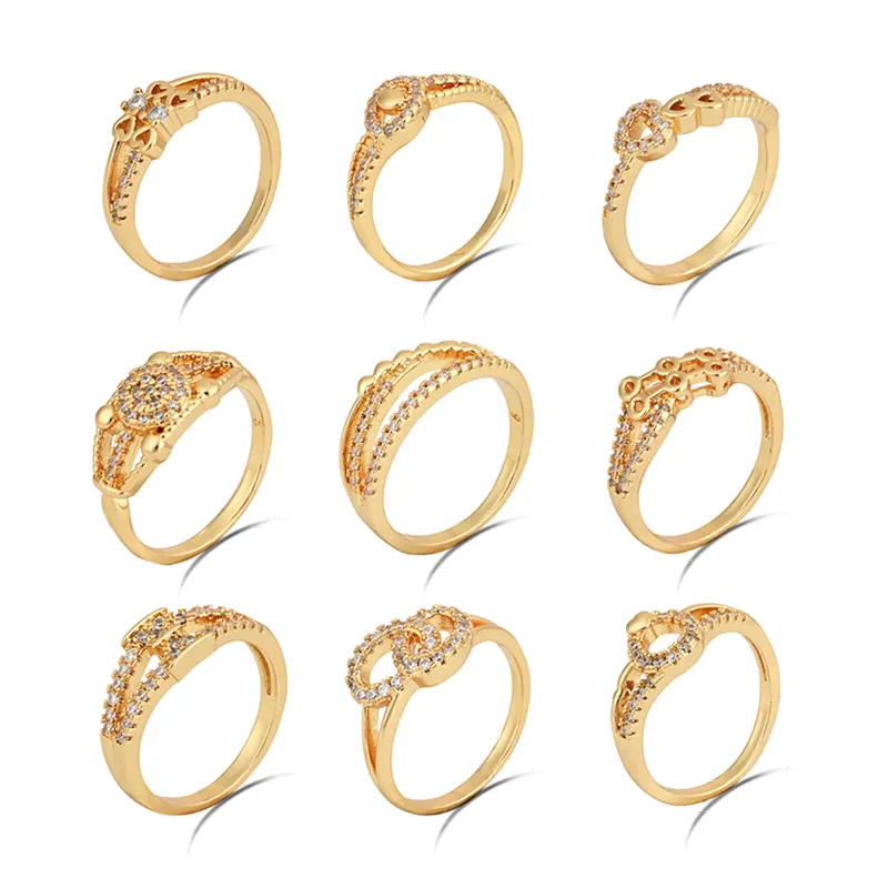 Perhiasan mode cincin pertunangan kuningan cincin berlapis emas berlian zirkon tembaga emas cincin untuk wanita 18k