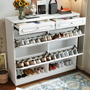 <span class=keywords><strong>Meuble</strong></span> à chaussures en bois avec 4 tiroirs rabattables, armoire à chaussures avec 2 tiroirs de rangement, rangement classifié et style farmhouse, blanc - Product Image 1