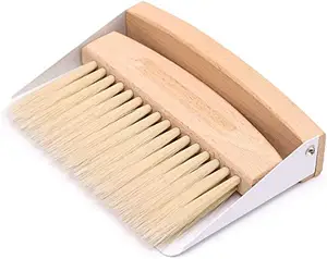 Mini Dustpan and Brush Set Wood Small Metal Dust Pan Natural Table Top Handy Brush for Sweeping