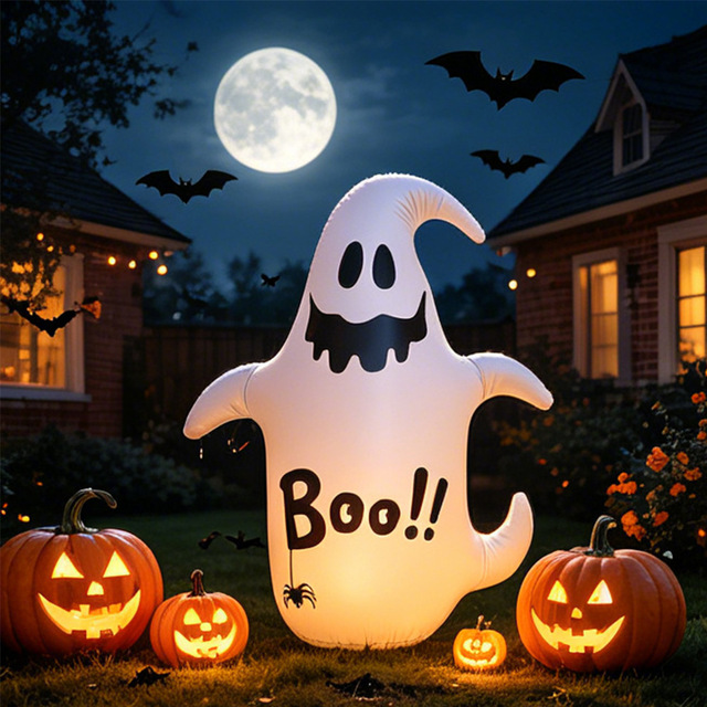 Halloween Inflatable Ghost Decor Blow up White Ghost with BOO Letter Print Standing Inflatable Ornament for Halloween Party