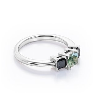 Milgrain-anillo de compromiso de estilo antiguo, filigrana redonda auténtica, musgo, Ágata verde y moissanita, 4 puntas - Product Image 2