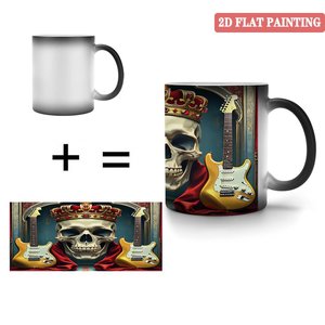 Taza de Cerámica Negra Esmerilada de 11 oz, Termosensible, con Diseño Artístico de Calavera, Corona y Guitarra - Product Image 4