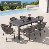 Ensemble de table et de chaises de jardin en corde tressée moderne pour 6 personnes avec structure en aluminium pour balcon, jardin, terrasse
