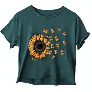 T-shirt décontracté en jersey léger et écologique pour femme, gris, col rond, manches courtes, imprimé floral marguerite, coupe classique, printemps - Product Image 2