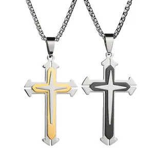 Latest Antique Design Men's Stainless Steel Three Layers Split Religious Cross Necklace