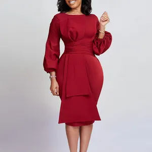 Neuheiten Frühling Herbst Großhandel Afrikanische Kleidung Office Wear Kleid für Damen Damen Elegante knielange Midi kleider