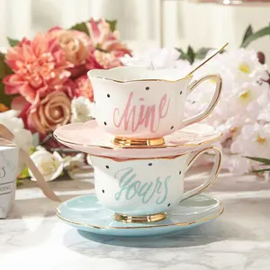 新款高级彩色手工制作瓷杯茶杯套装配茶碟粉色蓝色花朵优雅下午茶套装