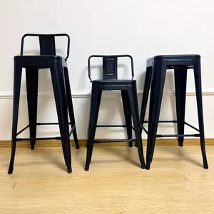 High Quality Exterior Metal Contemporary Stackable High Back Bar Chairs Wooden Seat Black Bar Stool For Kitchen Bar