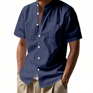 <span class=keywords><strong>Chemise</strong></span> d'été décontractée pour homme en lin, coupe ample, couleur unie, col montant, manches courtes, idéale pour la plage - Product Image 3