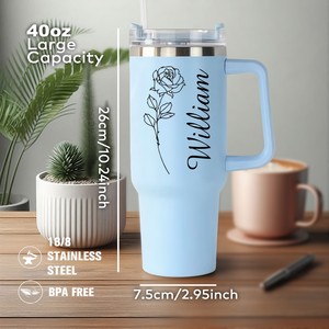 Impression 3d personnalisée nom et fleur de naissance bouteille d'eau en acier inoxydable cadeau de voyage tasses avec poignée et paille - Product Image 3