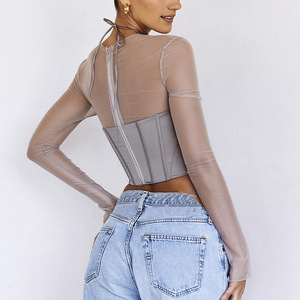 Chemisier asymétrique gris transparent à manches longues et découpes pour femme, style licou à lacets, couleur unie, en polyester, origine Yiwu FD9456 - Product Image 2