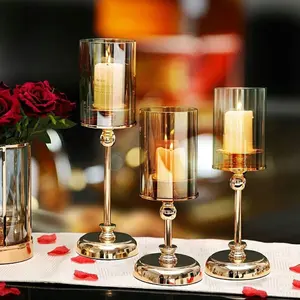 Nordic Decorative Wedding Gold Brass metal candle stick holders lanterns Luxury Tall Glass candle jars