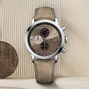 Montre à quartz pour homme CiLOA, cadran rond de 40 mm, bracelet en cuir kaki avec fonction chronographe - Product Image 4
