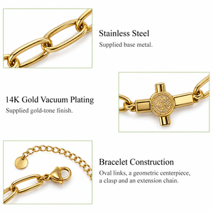 Geometric Centerpiece Link <b>Charm</b> <b>Bracelet</b> Women's 14K Gold Plated Stainless Steel Gold and Steel Color Options - Product Image 3
