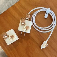 Oso DIY lindo dibujos animados funda de cargador de silicona para Apple iPhone cabeza cubierta 18W 20W 3D cargador Cable Protector casos organización