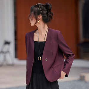 Women's Collarless Blazer Solid Color Polyester Anti-Wrinkle Short Suit Jacket For Spring Autumn Professional Casual Wear - Product Image 5