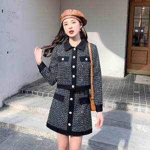2023 Set mezza gonna corta stile <span class=keywords><strong>Tweed</strong></span> Vintage da donna nuovo completo in due pezzi dimagrante autunno/inverno con collo alto al ginocchio - Product Image 5