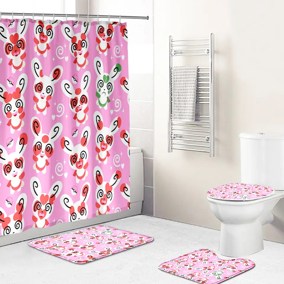 4 piece hot selling polyester waterproof flowers pattern design shower curtain set for bathroom hot sale