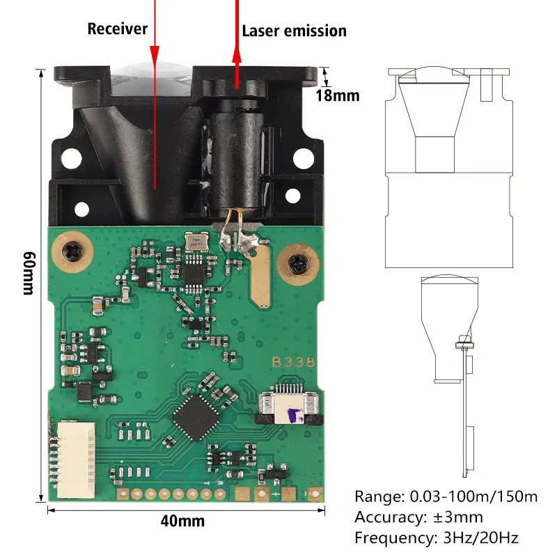 Mô-đun Cảm biến khoảng cách laser 100M cổng nối tiếp UART với tốc độ và độ chính xác cao để săn bắn