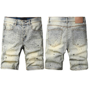 Pantalones Cortos de Mezclilla para <span class=keywords><strong>Hombre</strong></span>, Verano 2026, Estilo Vintage, Estampado, Corte Recto, Ajustados, Rotos, con Pedrería - Product Image 1