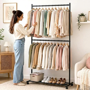 Perchero metálico de doble nivel con ruedas, armario minimalista con soporte de almacenamiento para ropa - Product Image 5