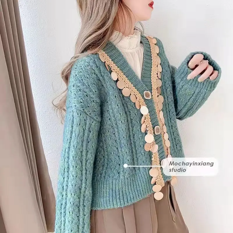 Sequined Knitted Long Sleeve Cardigan Winter Korean Style Lazy Style Coat Women's Sweaters