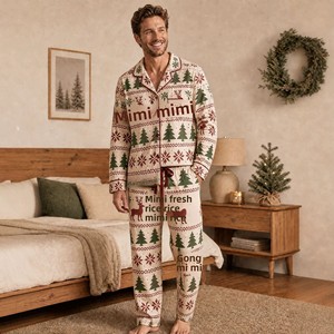 Polyester pyjamaset met digitale print, lange mouwen, voor volwassenen, kerst-thema, casual loungewear, geschikt voor meerdere seizoenen, OEM - Product Image 2