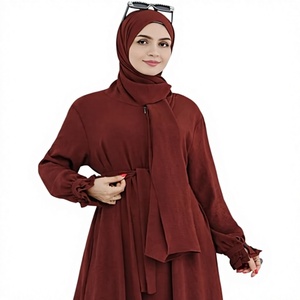 Women Solid Color <b>Abaya</b> Long Sleeve High Neck Modest Dress With Ruffle Cuff Midi Length Cotton Daily Wear Middle East Style - Product Image 1