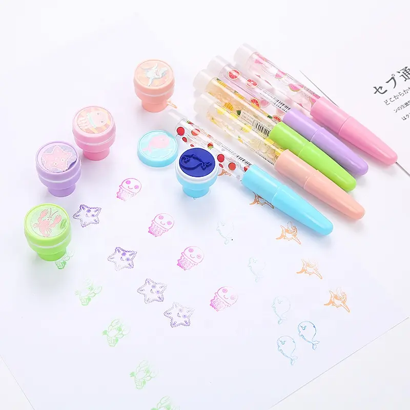 Promotion Pen 5 In 1 Multifunctional Bubble Roller Stamp School Stationery Cute Fruit Design Kids Plastic Ball Pen