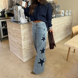 OUDINA Nouvelle Arrivée Jean Décontracté Ample à Jambes Droites avec Strass Étoile à Cinq Branches pour <span class=keywords><strong>Femme</strong></span> - Product Image 1